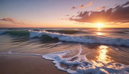 Fototapeta premium Calming ocean waves gently lapping against the shore at sunset, beach, peaceful