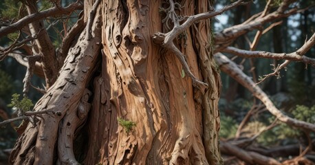 Cedar wood with rough bark and gnarled branches,  branch,  outdoor