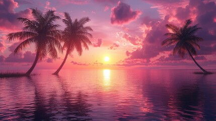 Pink Sunset Over Calm Ocean With Palm Trees