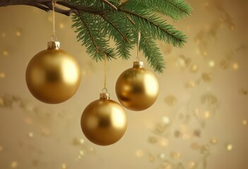 Christmas ornaments hanging from a branch isolated on gold background,  Ornament decoration,  Christmas decoration