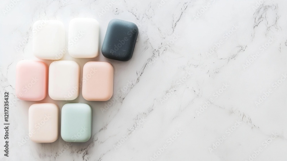 Poster Group of small rectangular objects arranged in a grid-like pattern on a white marble surface. the objects are of different colors - white, pink, light blue, and black.