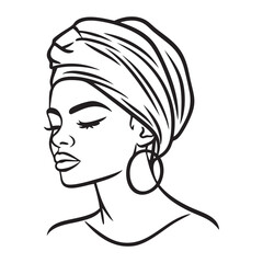 Elegant black woman wearing a headscarf and hoop earrings, showcasing beauty and grace.