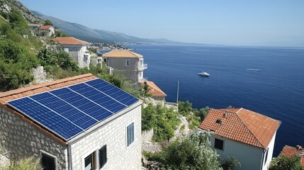 Solar panels on house by the sea.