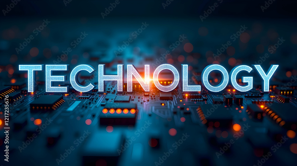 Poster glowing 'technology' word on a circuit board, symbolizing digital innovation and progress in the tec