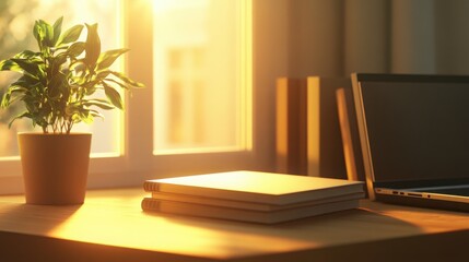 Fototapeta premium Books and laptop on a wooden table, radiating warmth and focus in golden light.