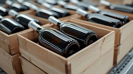 Bottles of wine in wooden crates displayed in a vineyard warehouse