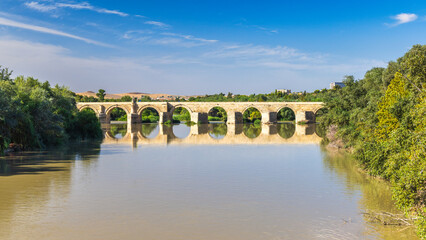 Fototapeta premium Roman bridge in Cordoba town in Spain. Ancient stone bridge spanning a calm river, reflecting the clear blue sky.