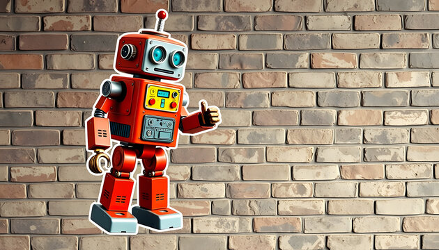 retro vintage robot show tumb up; on a brick wall background, collage style, with white tones