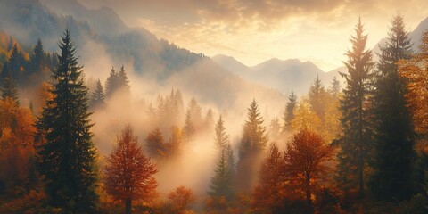 Autumn sunrise, mountain fog, colorful trees. Nature scene, landscape, wallpaper
