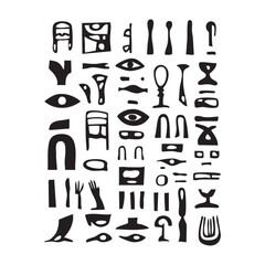 Collection of ancient Egyptian hieroglyphs in black on a white background.