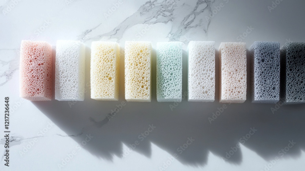 Poster row of six sponges arranged in a diagonal line on a white marble surface. the spongs are of differen