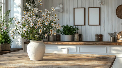 Rustic Kitchen Still Life: A sunlit rustic kitchen features a large vase of white daisies on a wooden table, with wooden countertops, white cabinets, and framed artwork on the wall.