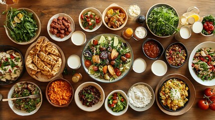 A diverse group of friends sharing a meal, with lactose-free milk options displayed on the table