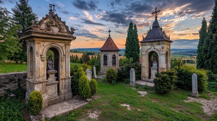Naklejka premium Hilltop cemetery sunset, ornate mausoleums, peaceful landscape, travel