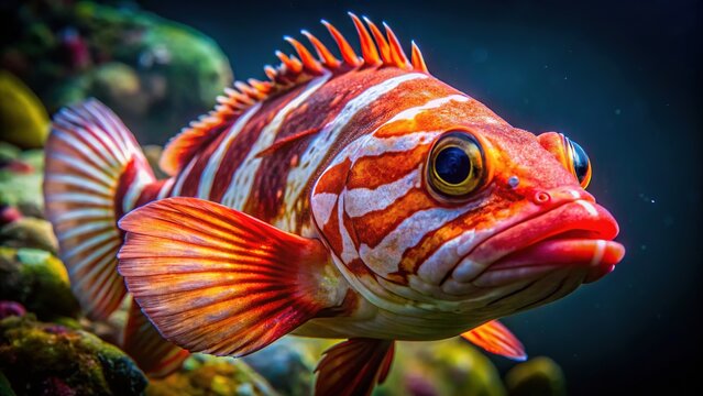 Softly lit, close-up redbanded rockfish, ocean scene.