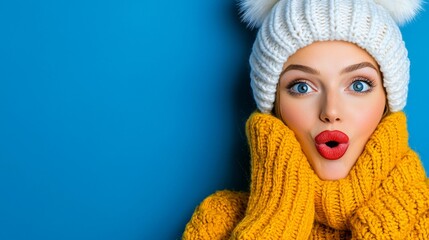 Woman wearing a cozy yellow sweater and white pom-pom beanie makes a surprised expression against a bright blue background