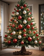 Decorated Christmas tree with hanging ball ornaments,  Festive decorations,  Ball decorations,  Home decor