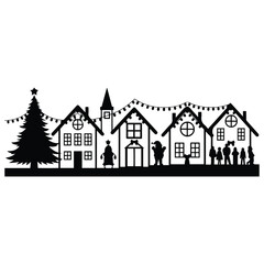 Christmas scene vector silhouette, christmas village clipart, merry christmas, christmas tree