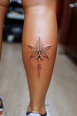Obraz premium Intricate leaf tattoo design on the calf of a person showcasing detailed artistry and craftsmanship