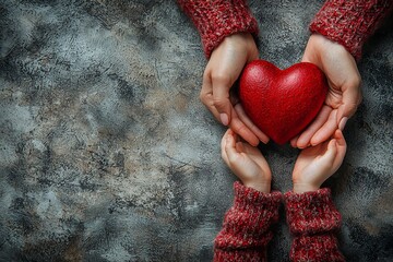 Hands of a family holding a red heart, embodying concepts of healthcare, hope, and life insurance, celebrated during World Heart Day and World Health Day, and standing for adoption, foster care, and