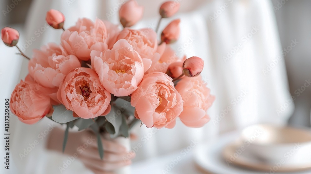 Poster close-up of a bouquet of pink peonies in a vase. the peonies are in full bloom and have multiple lay