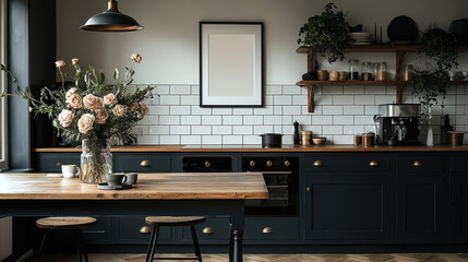 Modern Dark Kitchen Interior: A stylish and sophisticated kitchen design featuring dark cabinetry, a wooden island, white subway tiles, and pops of greenery.