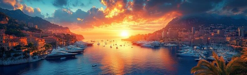 Morning view of Monaco Ville Harbour and the city skyline in Monte Carlo, Monaco