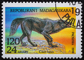 Madagascar CIRCA 1994:Postage stamp. stamp printed by Madagascar,shows Wolf (Canis lupus), circa...