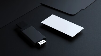 Black USB drive and blank card mockup on dark surface
