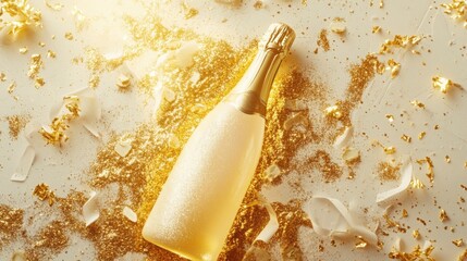 Champagne bottle with gold glitter and confetti, celebrating festive moments in style.