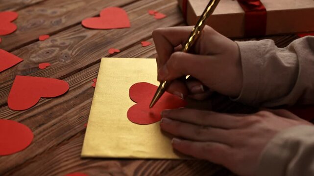 Close up of wooden table with red paper hearts scattered on the surface, woman hand writing text I love you on heart shaped card laying on golden envelope.