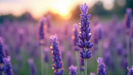 Obraz premium Close-up of lavender flowers in a sunlit field at sunset 