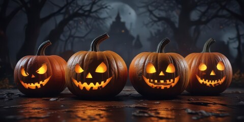 Colorful pumpkins with Halloween typography in a spooky atmosphere, halloween,  spooky,  autumn leaves