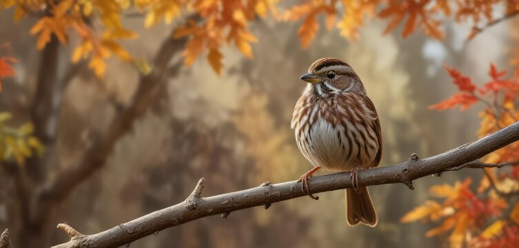 A song sparrow perched on a tree branch over looking at the vibrant fall colors below, woodland, eastern neck national wildlife refuge, bird