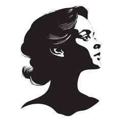 Elegant silhouette of a woman with long hair and striking profile against a white background.