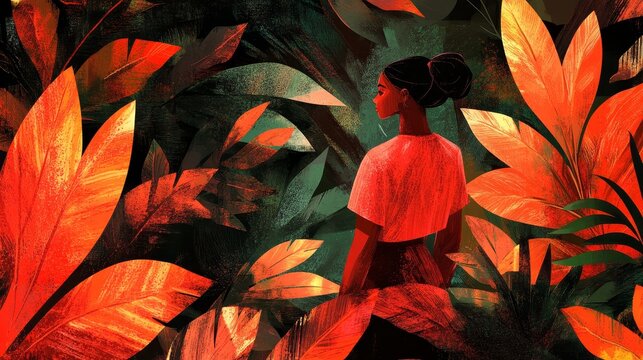A woman in an orange shirt amidst vibrant, stylized foliage