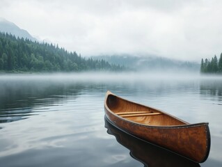 Obraz premium Serene canoe glides on a misty still lake reflecting a tranquil ancient forest