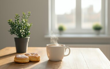 Warm Morning Coffee and Sweet Pastry on Wooden Table