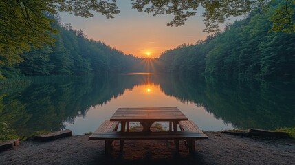 Sunrise lake picnic table forest calm nature