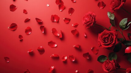 Love in Bloom: A Stunning Display of Passionate Red Roses and Delicate Petals, Adorning a Rich Crimson Canvas, Symbolizing the Beauty and Joy of Love.