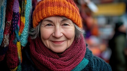 Smiling Elderly Woman in a Colorful Knit Hat and Scarf
