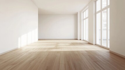 Fototapeta premium Bright, empty interior of a modern room with wooden flooring and sunlight streaming through large windows