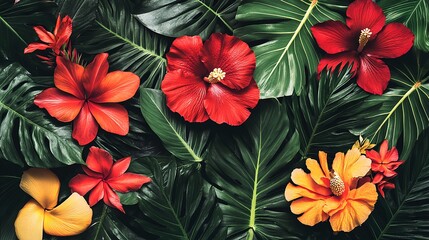 Fototapeta premium Vibrant Tropical Flowers on Lush Green Leaves Background