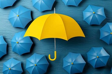 Bright yellow umbrella stands out among blue umbrellas on a textured surface