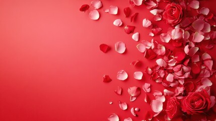 Love in Bloom: A Stunning Display of Passionate Red Roses and Delicate Petals, Adorning a Rich Crimson Canvas, Symbolizing the Beauty and Joy of Love.