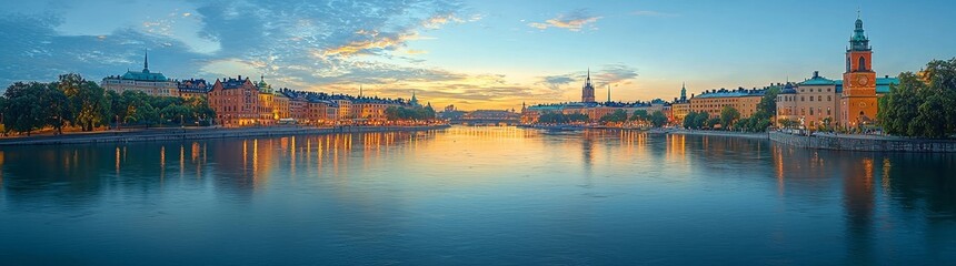 Naklejka premium Stockholm's Old Town architecture set against a stunning sunset panorama