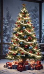 A snow-covered Christmas tree with ornaments and lights, snow covered christmas tree, christmas decorations, twinkling lights