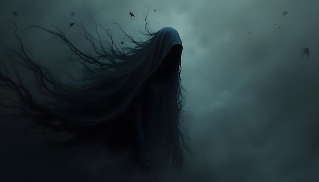 A dark shrouded figure stands ominously amidst a murky atmosphere with scattered birds flying around - Powered by Adobe