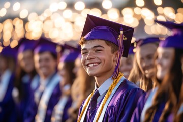 A student smiling as they walk across the stage to receive their diploma, with proud family members cheering in the audience