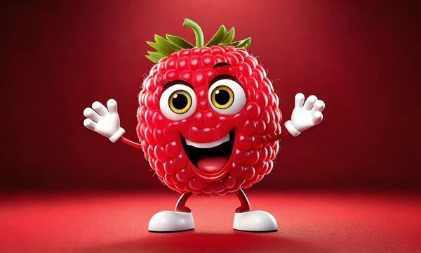 Cute Cartoon Happy Dancing Raspberry Food Character on a Red Background 